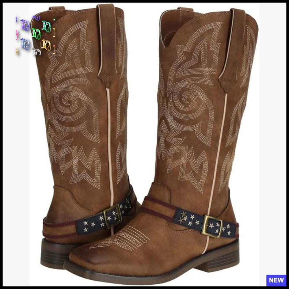 Western Square Toe Cowboy Boots Mid-Calf Block Heel Embroidered Fashion